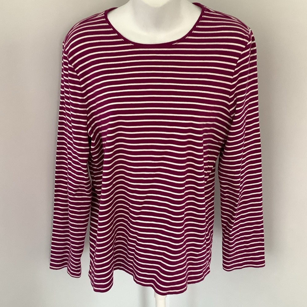Talbots Plum and White Striped Long Sleeve Cotton Crewneck Top Sz. XL